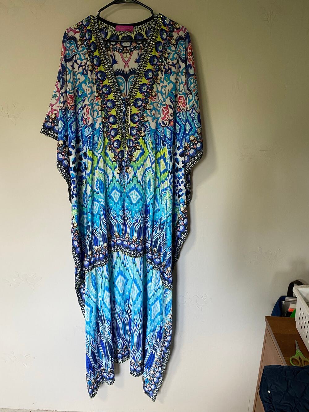 Narcisa Lang Blue Green Rhinestone Kimono Coverup High Low Hem Small